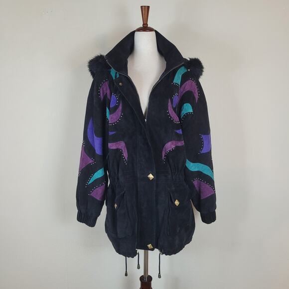 Vintage DINO'Z Coat XL Black Suede Patchwork Geometric Colorblock 80s Hood Parka